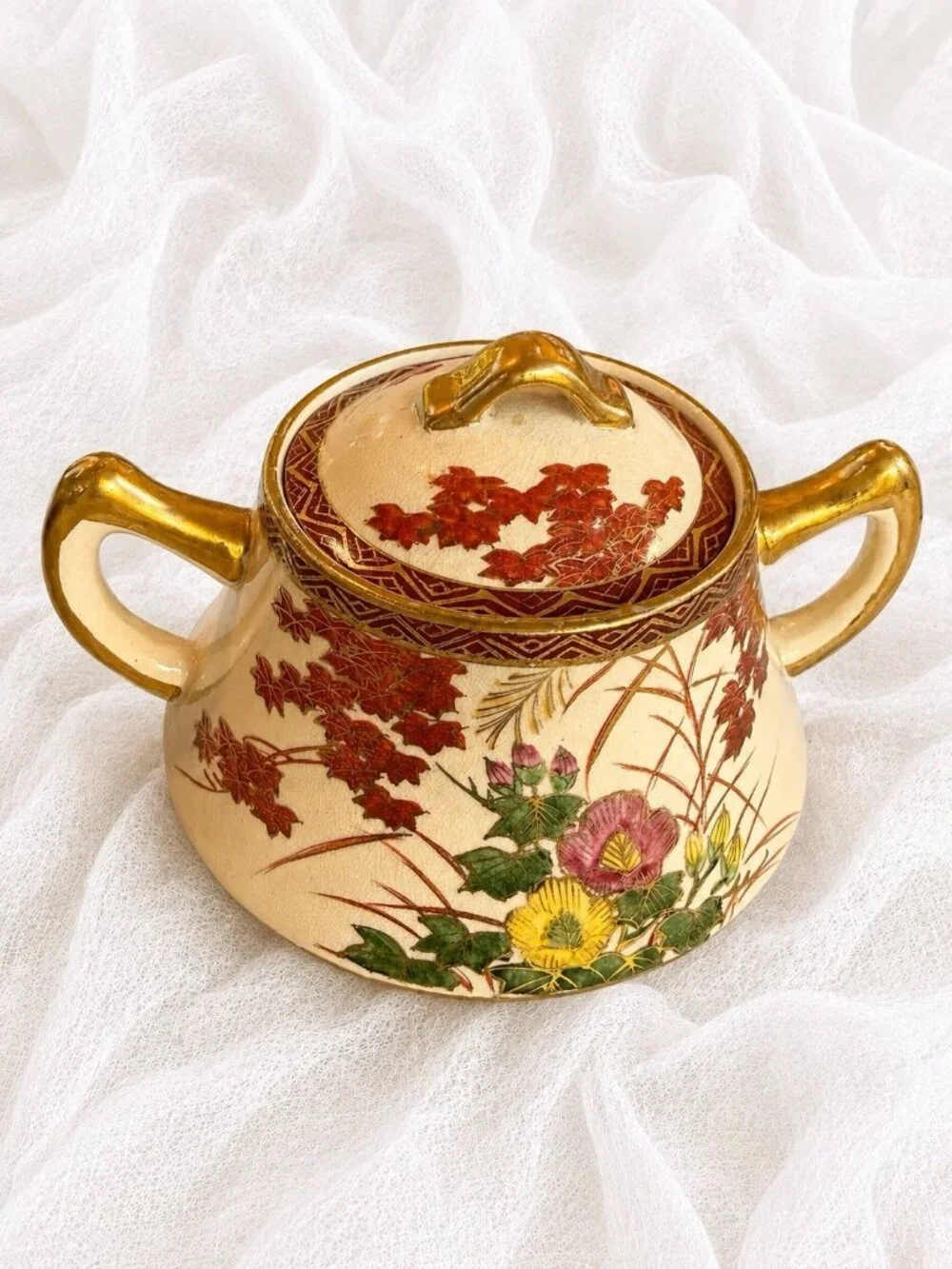 Vintage Kutani Japan Tea Set 13 Pc Autumn Maple Crackle Glaze Gold Trim Teapot